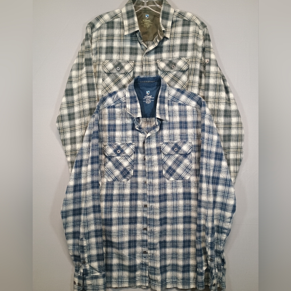 KÜHL Men’s Small Plaid Flannel Button Down Shirt Bundle (2) Blue & Green